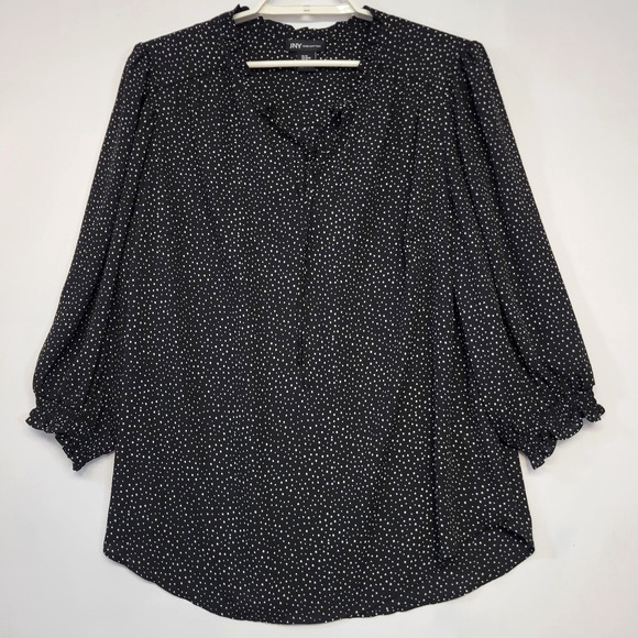 Jones New York Tops - Jones New York Blouse Womens 1X Black White Polka Dot Ruffle Neck 3/4 Sleeve